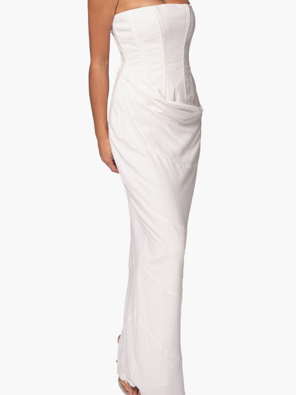 JLUXLABEL Strapless White Draped Gown